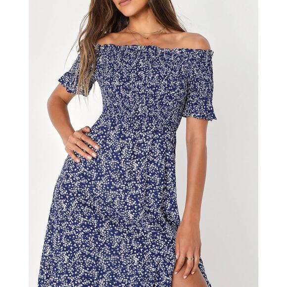 LULUS Fleurtation Floral Print Off Shoulder Midi Dress Navy Blue Medium M - Picture 2 of 12